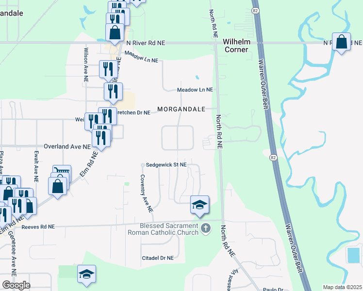 map of restaurants, bars, coffee shops, grocery stores, and more near 1938 Roberts Lane Northeast in Warren
