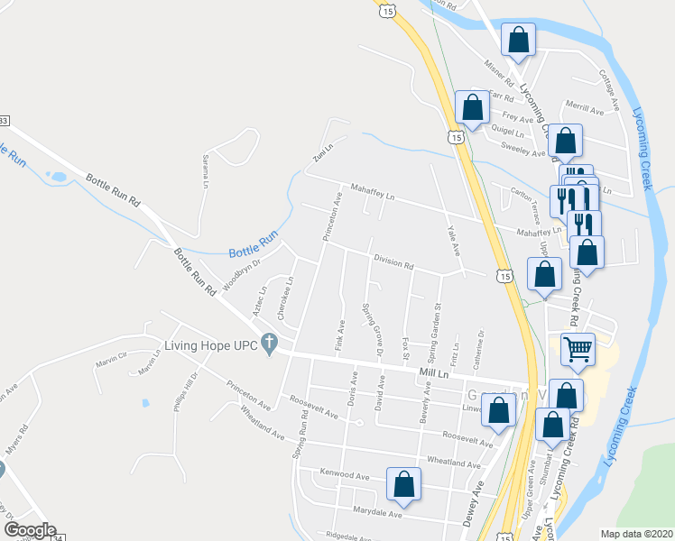 map of restaurants, bars, coffee shops, grocery stores, and more near 2269 Fink Avenue in Williamsport