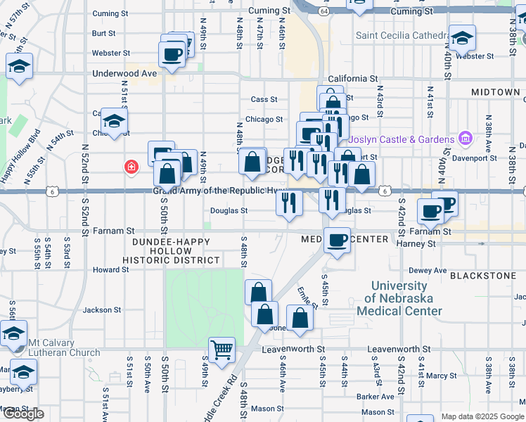 map of restaurants, bars, coffee shops, grocery stores, and more near 4631 Douglas Street in Omaha