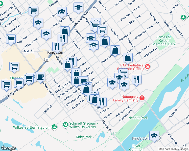 map of restaurants, bars, coffee shops, grocery stores, and more near 92 Welles Street in Kingston