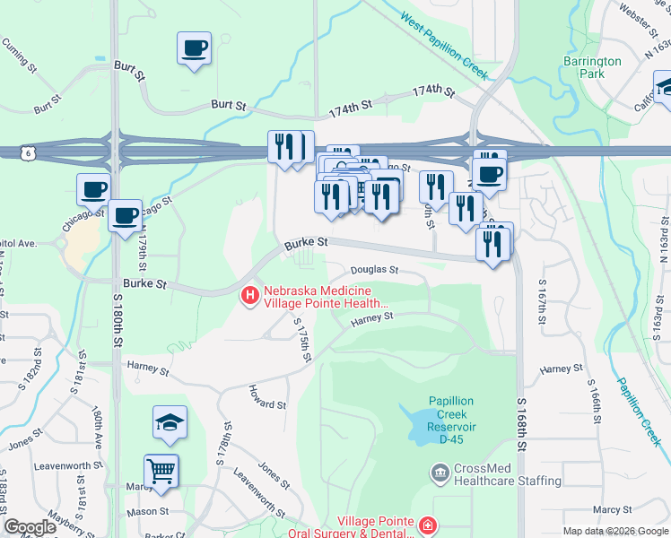map of restaurants, bars, coffee shops, grocery stores, and more near 116 South 173rd Avenue in Omaha