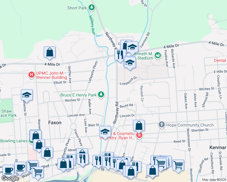 map of restaurants, bars, coffee shops, grocery stores, and more near 1545 Northway Road in Williamsport