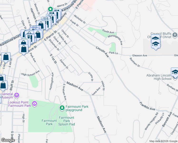 map of restaurants, bars, coffee shops, grocery stores, and more near 831 Grace Street in Council Bluffs