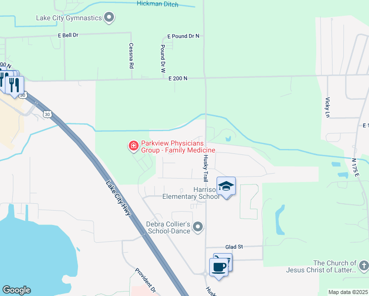 map of restaurants, bars, coffee shops, grocery stores, and more near 213 Canterbury Lane in Warsaw
