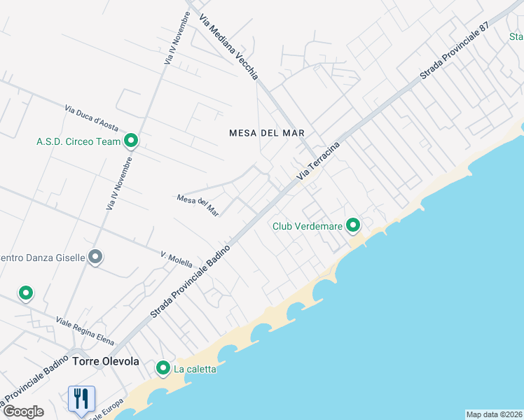 map of restaurants, bars, coffee shops, grocery stores, and more near Mesa del Mar in San Felice Circeo