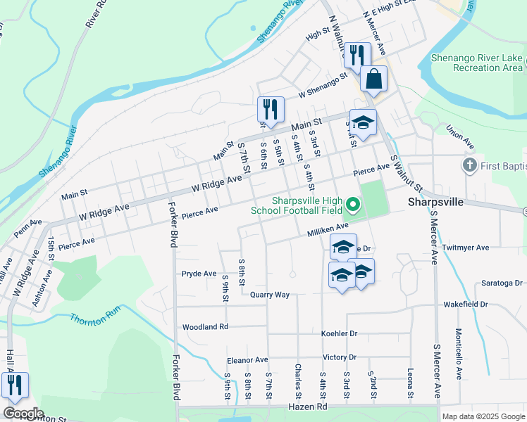 map of restaurants, bars, coffee shops, grocery stores, and more near 217 South 7th Street in Sharpsville