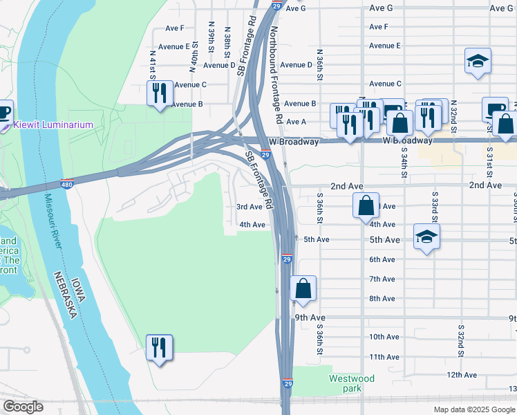 map of restaurants, bars, coffee shops, grocery stores, and more near 3726 3rd Avenue in Council Bluffs