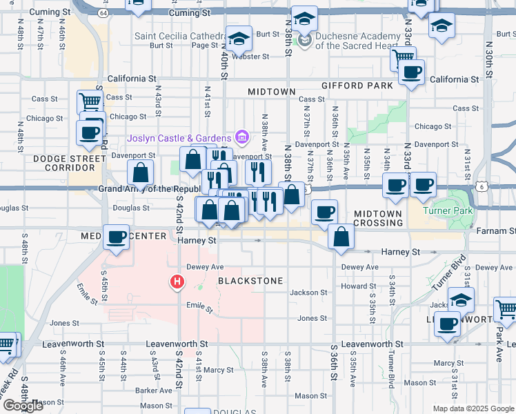 map of restaurants, bars, coffee shops, grocery stores, and more near 117 South 39th Street in Omaha