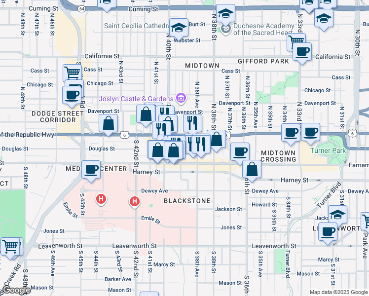 map of restaurants, bars, coffee shops, grocery stores, and more near 117 South 39th Street in Omaha