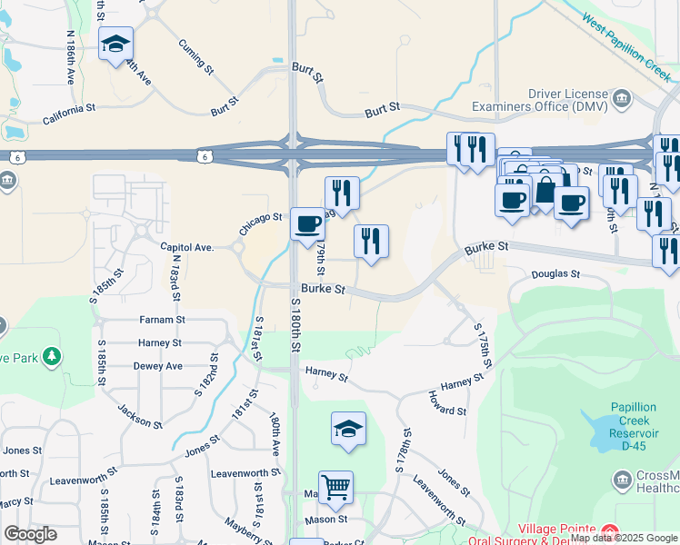 map of restaurants, bars, coffee shops, grocery stores, and more near 17728 Burke Street in Omaha