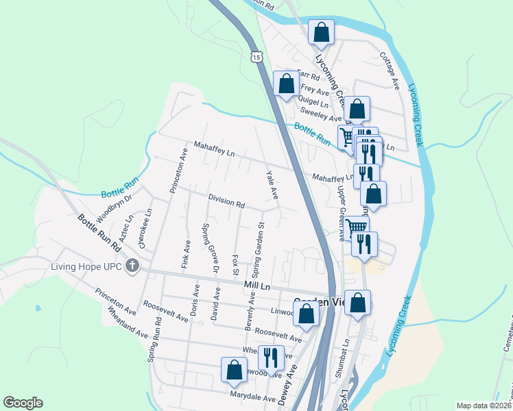 map of restaurants, bars, coffee shops, grocery stores, and more near 2210 Division Road in Williamsport