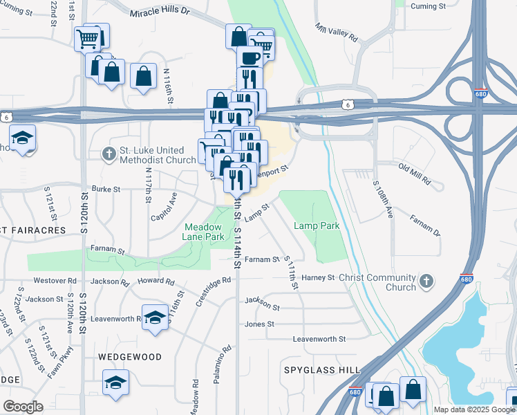 map of restaurants, bars, coffee shops, grocery stores, and more near 11020 Lamp Street in Omaha