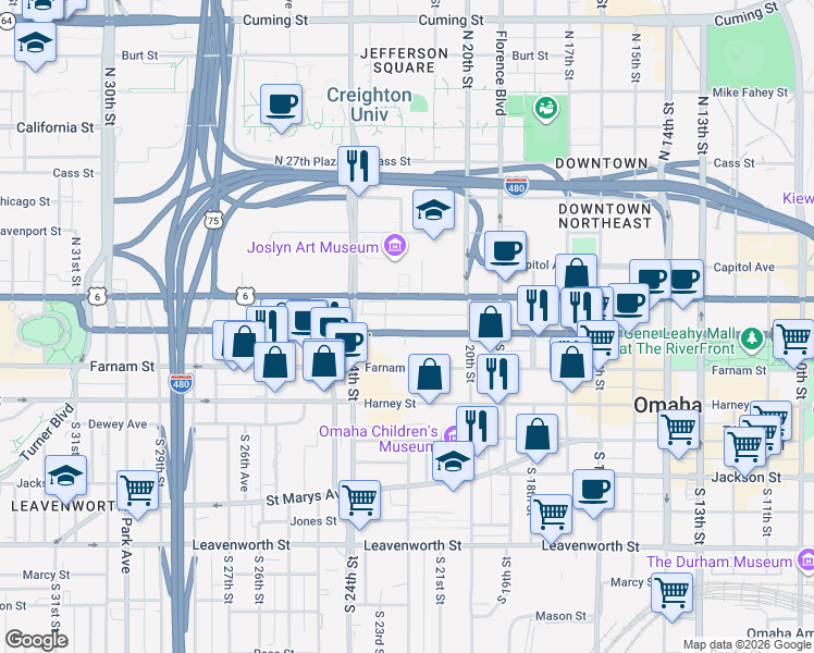 map of restaurants, bars, coffee shops, grocery stores, and more near 2100 Douglas Street in Omaha