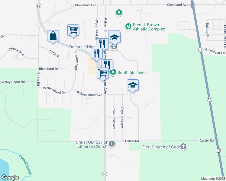 map of restaurants, bars, coffee shops, grocery stores, and more near 316 East Rosewood Avenue in Defiance