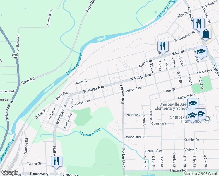 map of restaurants, bars, coffee shops, grocery stores, and more near 1107 West Ridge Avenue in Sharpsville