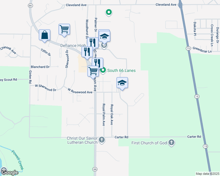 map of restaurants, bars, coffee shops, grocery stores, and more near 344 East Rosewood Avenue in Defiance