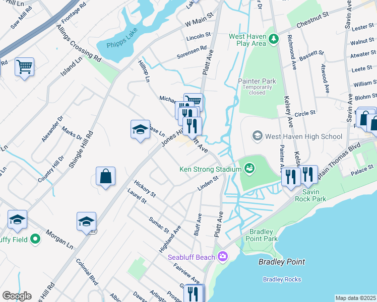 map of restaurants, bars, coffee shops, grocery stores, and more near 23 Carroll Street in West Haven