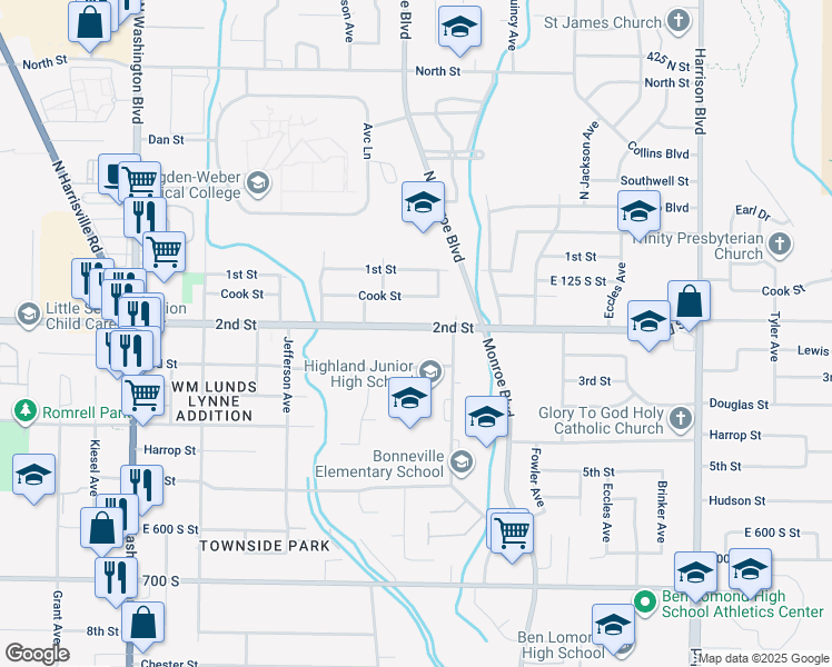 map of restaurants, bars, coffee shops, grocery stores, and more near 789 Utah 203 in Ogden