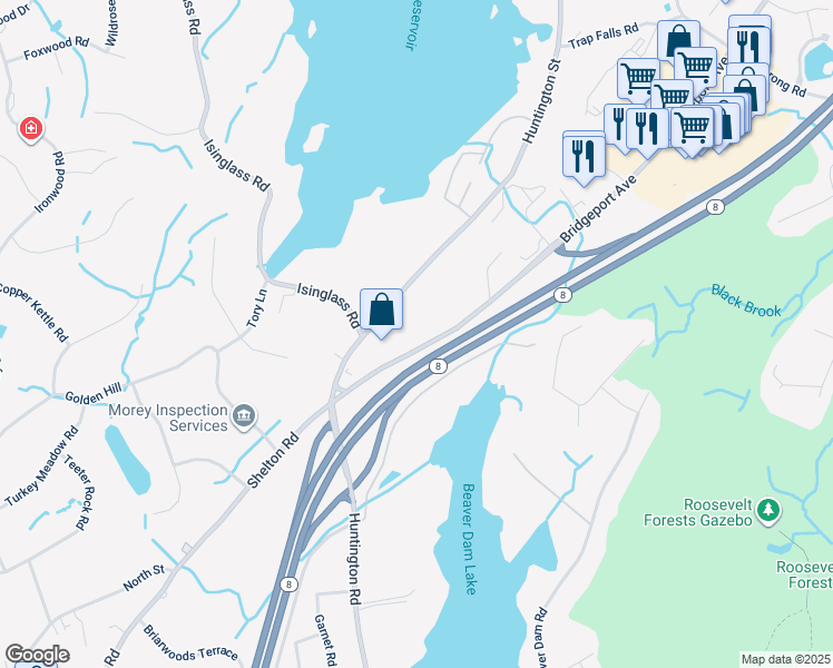 map of restaurants, bars, coffee shops, grocery stores, and more near 1001 Bridgeport Avenue in Shelton