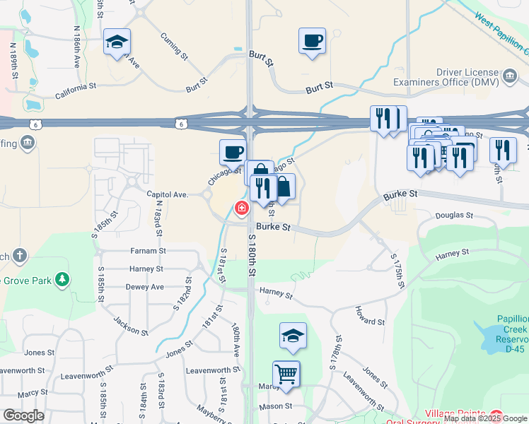 map of restaurants, bars, coffee shops, grocery stores, and more near 203 North 180th Street in Omaha