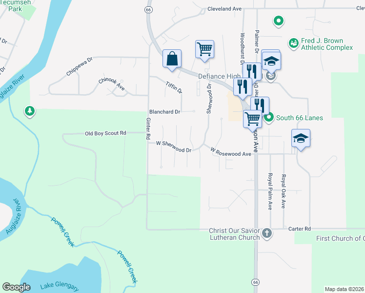 map of restaurants, bars, coffee shops, grocery stores, and more near 326 W Sherwood Dr in Defiance