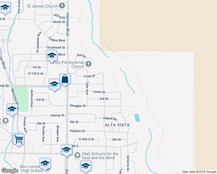 map of restaurants, bars, coffee shops, grocery stores, and more near 1419 Sheridan Drive in Ogden