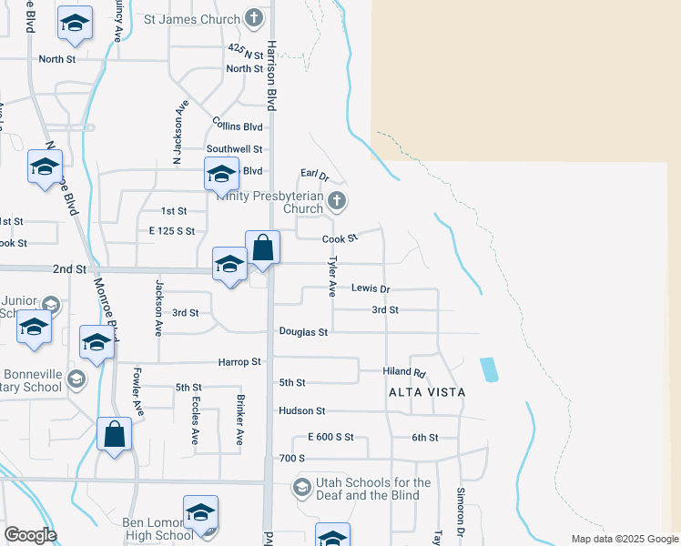 map of restaurants, bars, coffee shops, grocery stores, and more near 1287 Sheridan Drive in Ogden