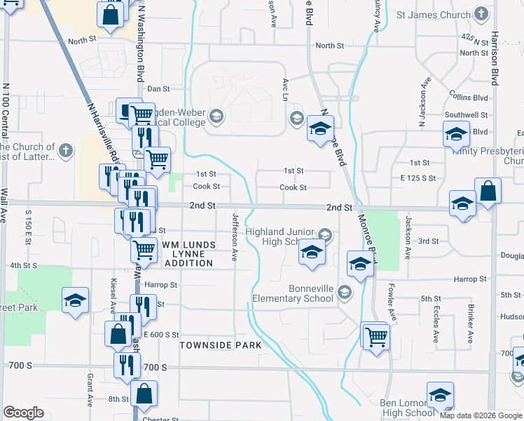 map of restaurants, bars, coffee shops, grocery stores, and more near 661 Utah 203 in Ogden