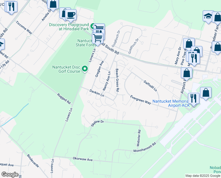 map of restaurants, bars, coffee shops, grocery stores, and more near 20 Davkim Lane in Nantucket