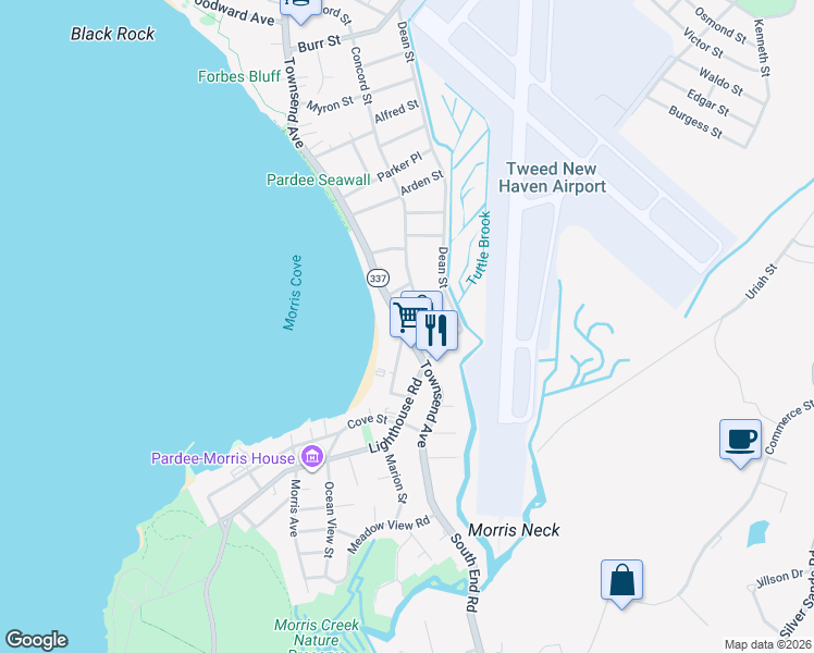 map of restaurants, bars, coffee shops, grocery stores, and more near 57 Townsend Avenue in New Haven