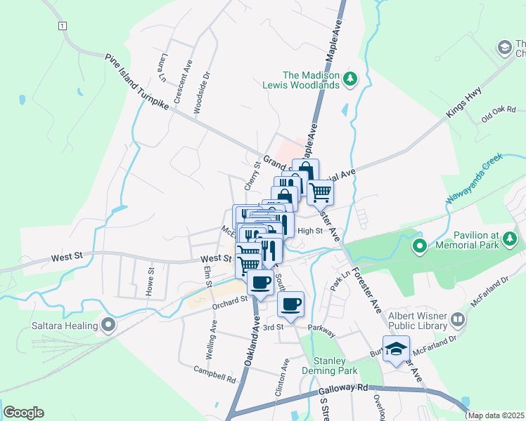 map of restaurants, bars, coffee shops, grocery stores, and more near 17 Wheeler Avenue in Warwick
