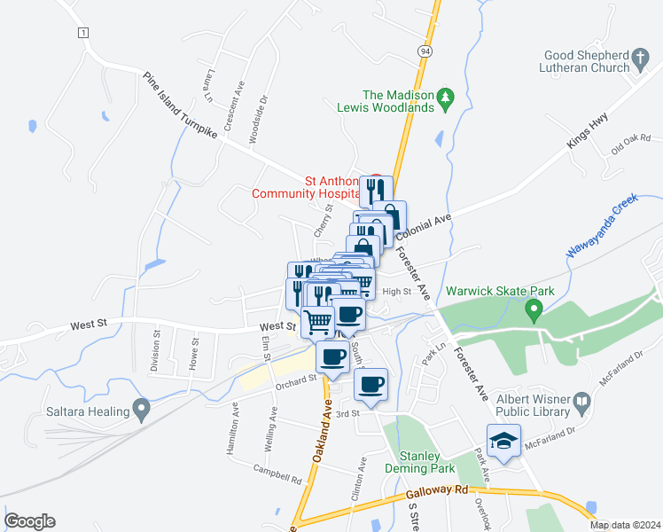 map of restaurants, bars, coffee shops, grocery stores, and more near 17 Wheeler Avenue in Warwick
