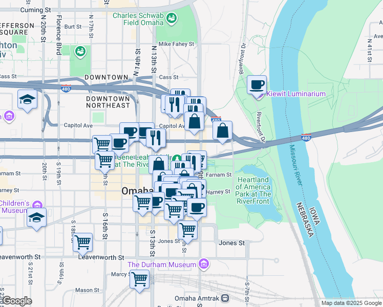 map of restaurants, bars, coffee shops, grocery stores, and more near 1006 Douglas Street in Omaha