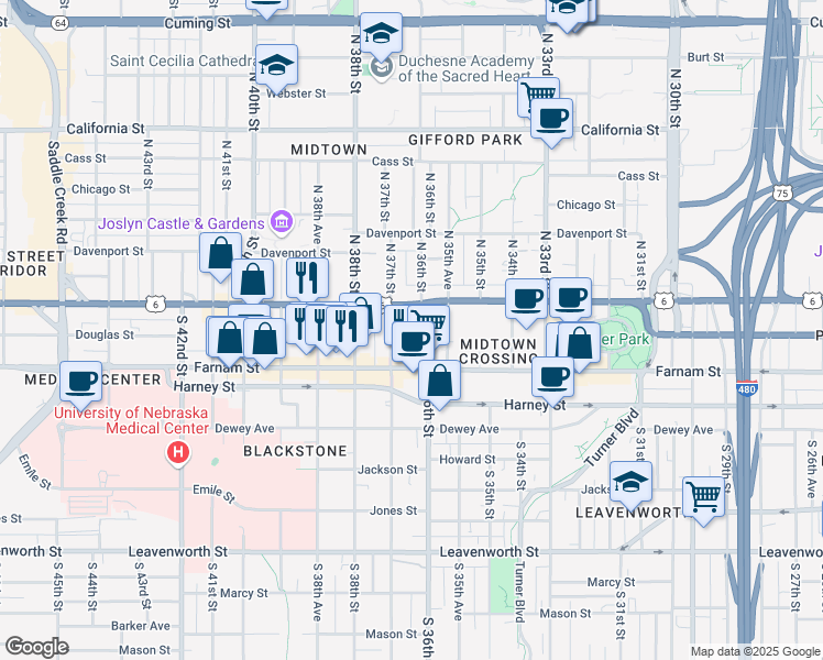 map of restaurants, bars, coffee shops, grocery stores, and more near 120 South 36th Street in Omaha
