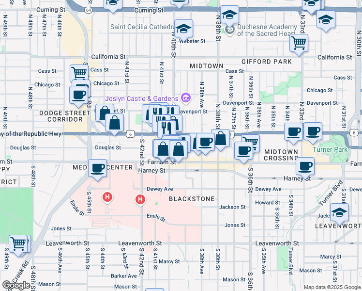 map of restaurants, bars, coffee shops, grocery stores, and more near 119 South 40th Street in Omaha
