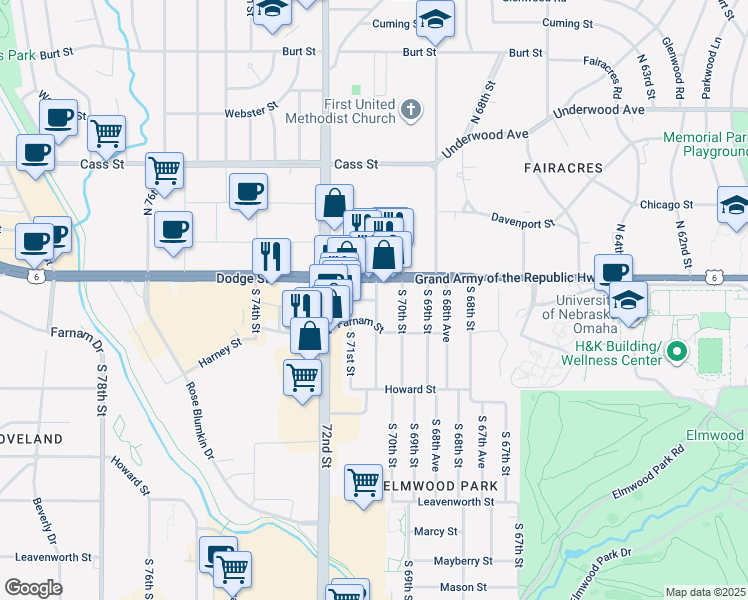 map of restaurants, bars, coffee shops, grocery stores, and more near 7059 Dodge Street in Omaha