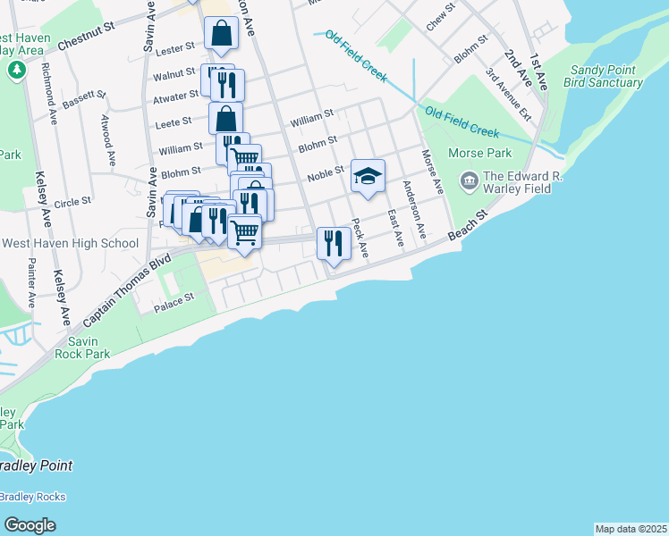 map of restaurants, bars, coffee shops, grocery stores, and more near 351 Beach Street in West Haven