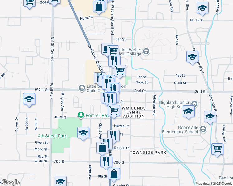 map of restaurants, bars, coffee shops, grocery stores, and more near 208 Washington Boulevard in Ogden
