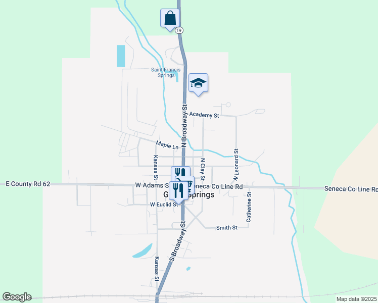 map of restaurants, bars, coffee shops, grocery stores, and more near 214 North Broadway Street in Green Springs