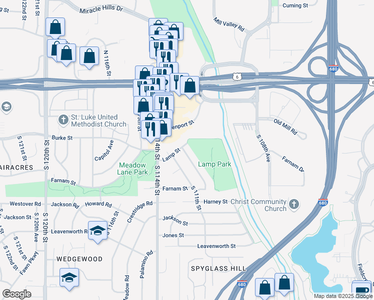 map of restaurants, bars, coffee shops, grocery stores, and more near 111 South 110th Street in Omaha