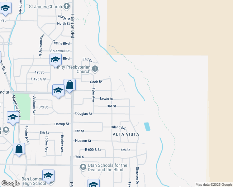 map of restaurants, bars, coffee shops, grocery stores, and more near 1419 Sheridan Drive in Ogden