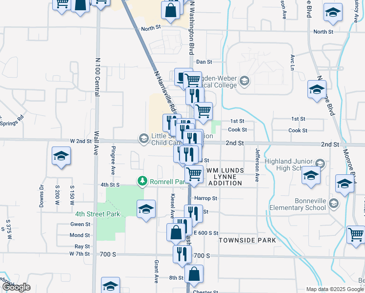 map of restaurants, bars, coffee shops, grocery stores, and more near 373 2nd Street in Ogden