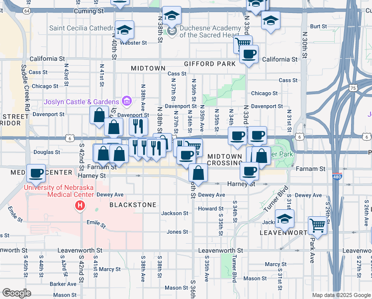 map of restaurants, bars, coffee shops, grocery stores, and more near 120 South 36th Street in Omaha