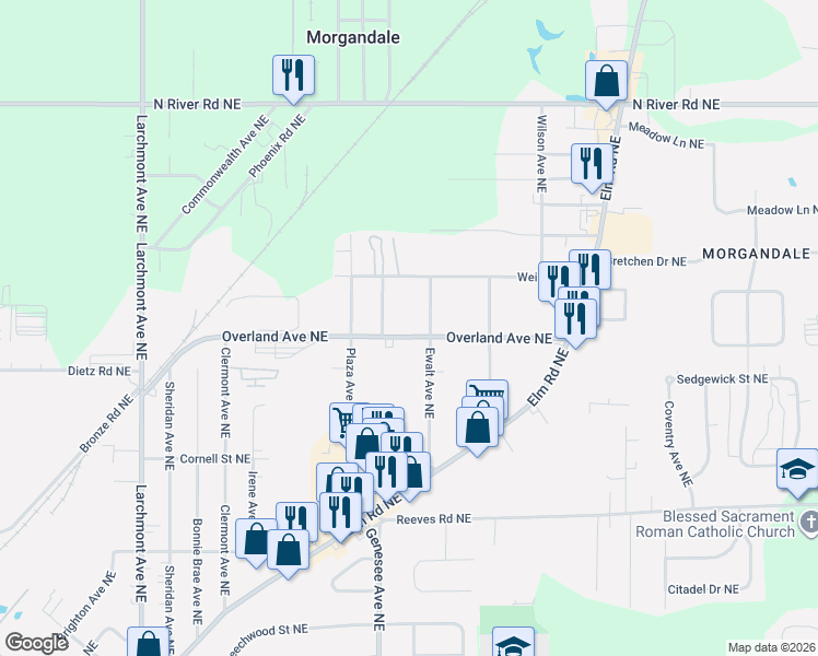 map of restaurants, bars, coffee shops, grocery stores, and more near 2131 Overland Avenue Northeast in Warren
