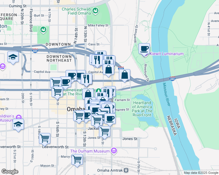 map of restaurants, bars, coffee shops, grocery stores, and more near 1006 Douglas St in Omaha
