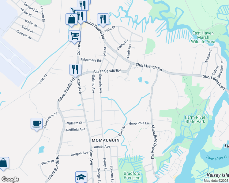 map of restaurants, bars, coffee shops, grocery stores, and more near 6 Ledyard Place in East Haven
