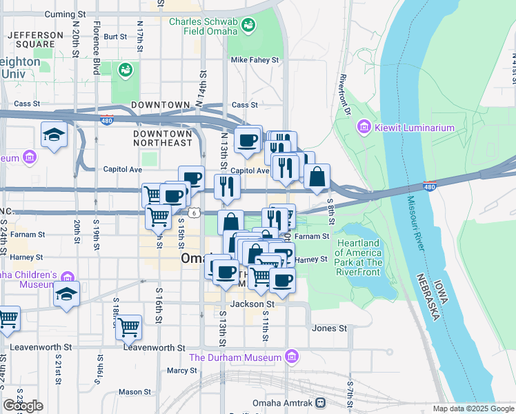 map of restaurants, bars, coffee shops, grocery stores, and more near 1110 Douglas Street in Omaha