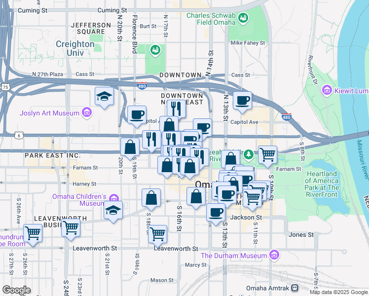 map of restaurants, bars, coffee shops, grocery stores, and more near 1516 Douglas Street in Omaha