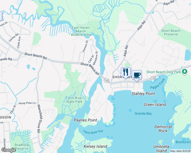 map of restaurants, bars, coffee shops, grocery stores, and more near 44 Brown Road in East Haven