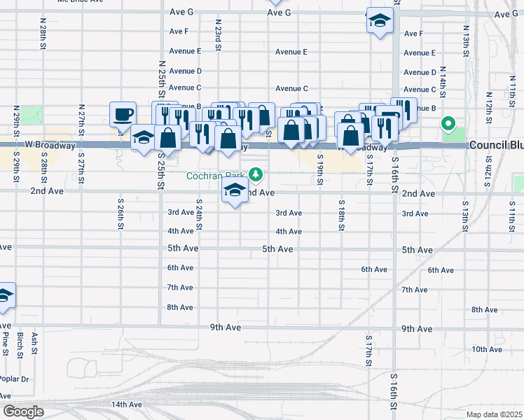 map of restaurants, bars, coffee shops, grocery stores, and more near 210 South 21st Street in Council Bluffs